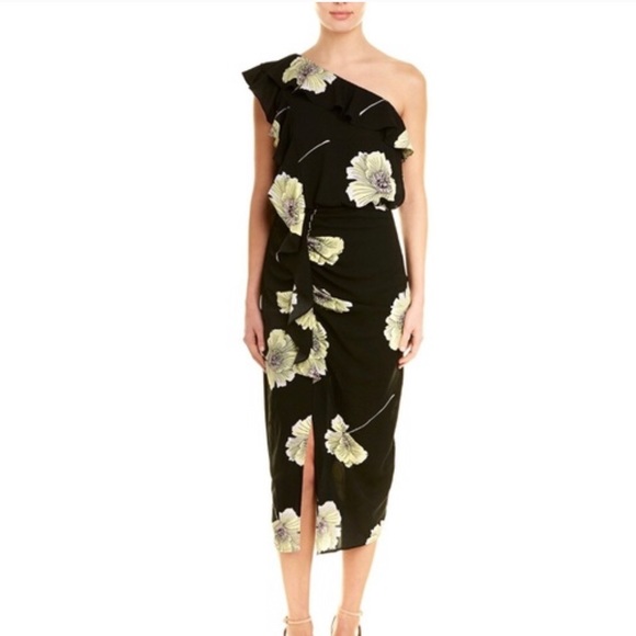 1.STATE Black & Floral One Shoulder Ruffle Midi Dress - Picture 10 of 13
